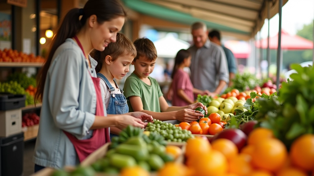 Family shopping together at a farmers market with fresh produce baskets and vibrant vegetable displays visible