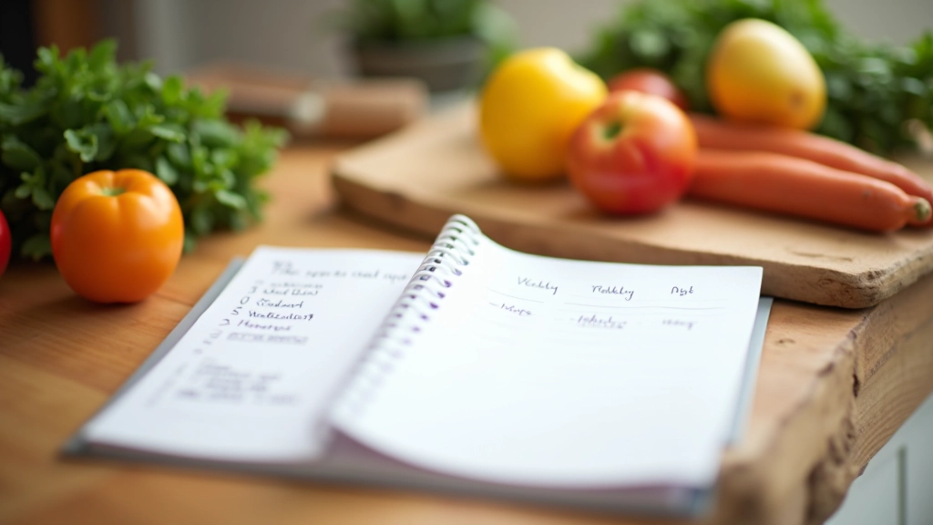 Open meal planning notebook with weekly menu written out and grocery list beside it