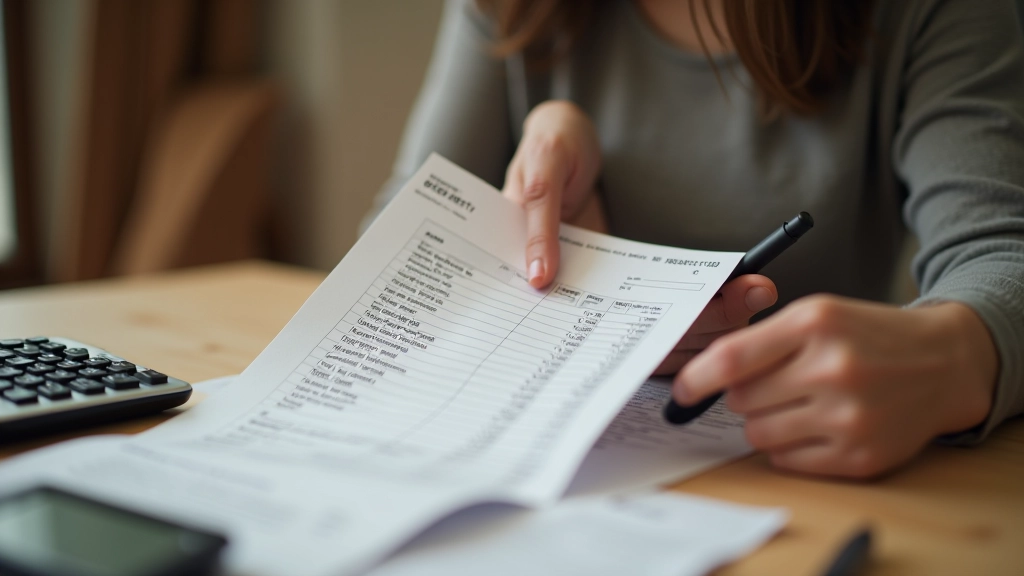 Person at kitchen table reviewing grocery receipts and price comparison notes with calculator
