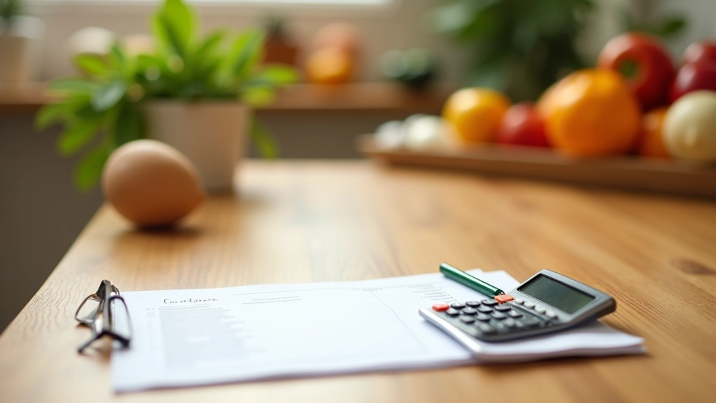Shopping list and calculator on wooden surface with fresh produce items nearby, morning light