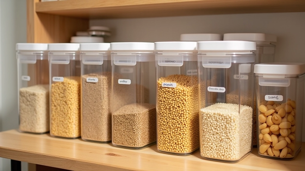Well-organized pantry shelves with neatly stored bulk items and clear containers